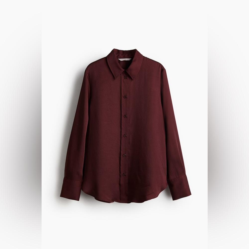 H&M satin collared long-sleeve Button Up shirt Burgundy/Maroon button-up blouse